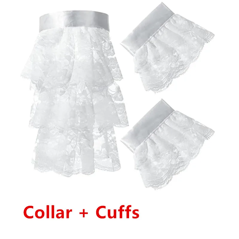 Detachable Fake Collar and Cuffs Set Victorian Lace Jabot Collar Cuffs Set Unisex Halloween Party Accessory for Adults White