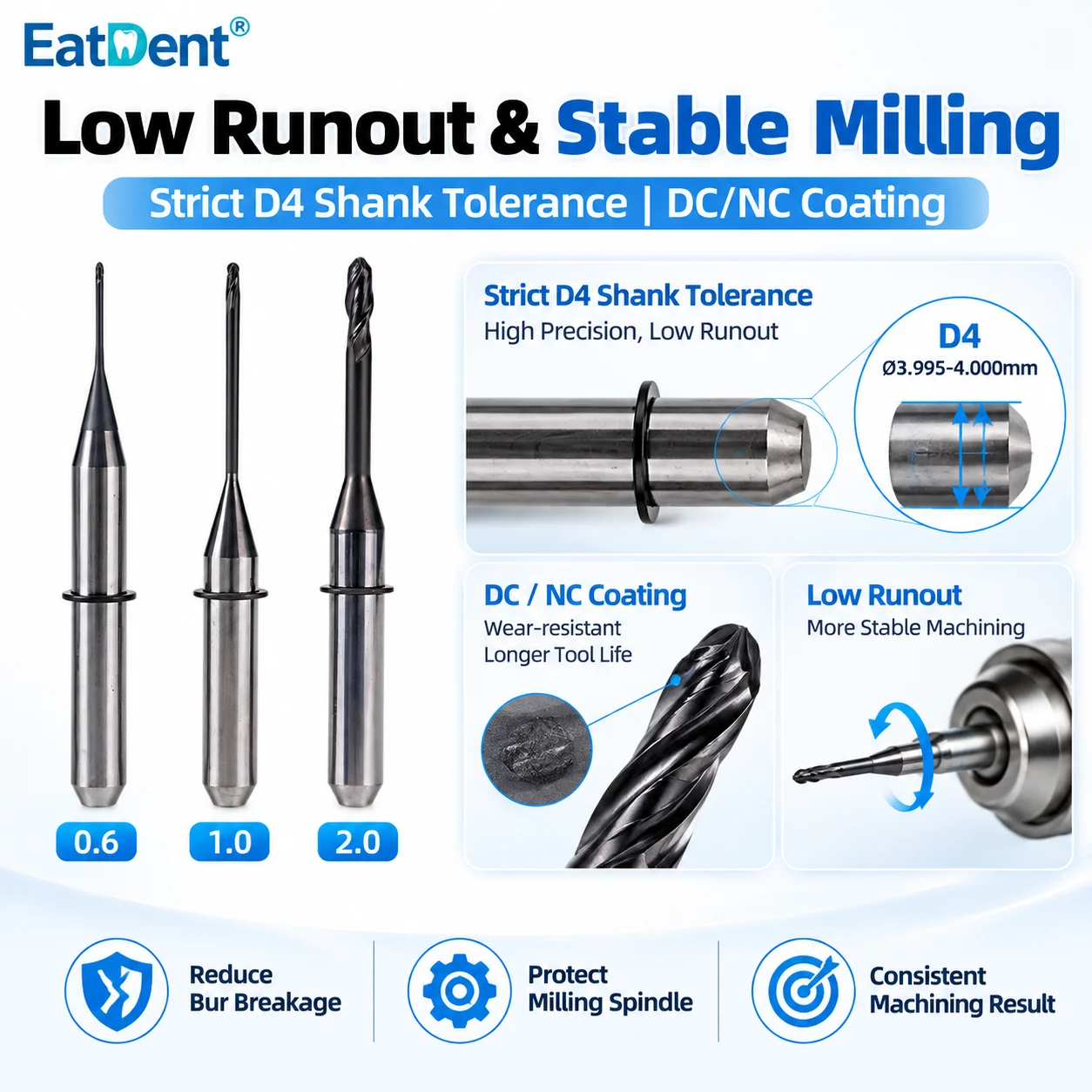 DOF Craft 5X Dental Milling Burs for Zirconia PMMA Lithium Disilicate/Emax D4 DC Coating CAD CAM Dental Lab Grinding Drills 