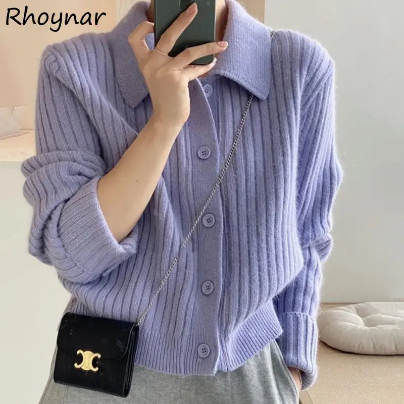 

Cardigan Women Кардиган Женский Elegant All-match Simple Basic New Design Korean Fashion Solid Casual Turn-down Collar Hot Sale