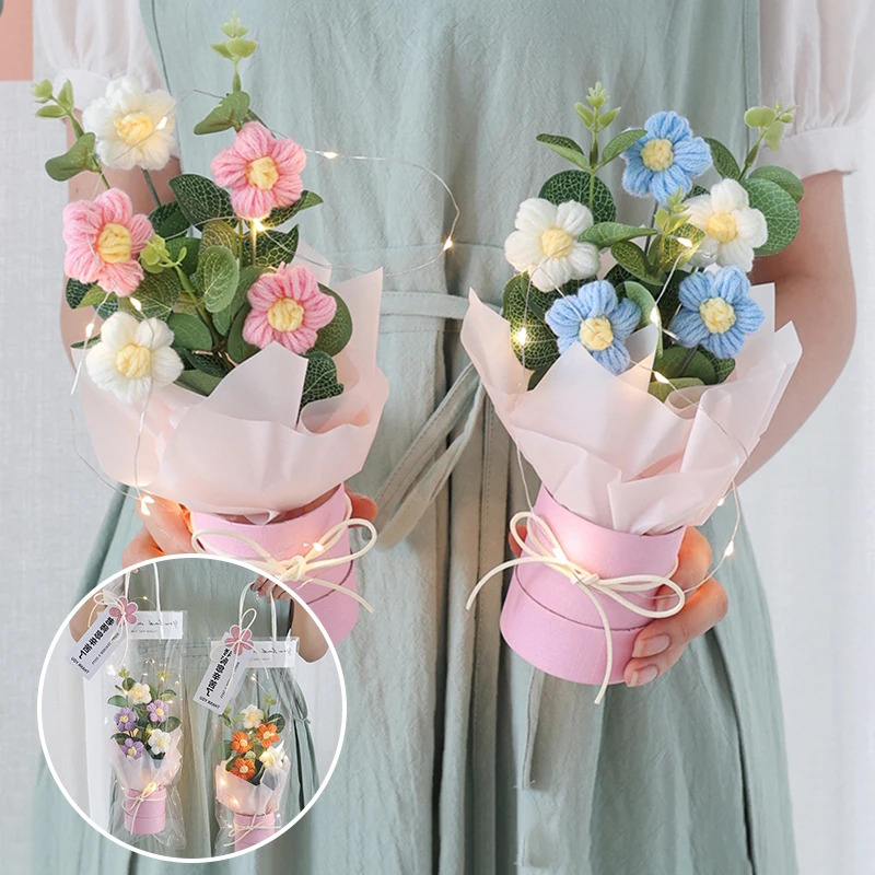 LED Crochet Flowers Kindergarten Graduation Flower Bouquet Valentine’s Day Gifts Wedding Guest Gifts San Valentin 꽃다발