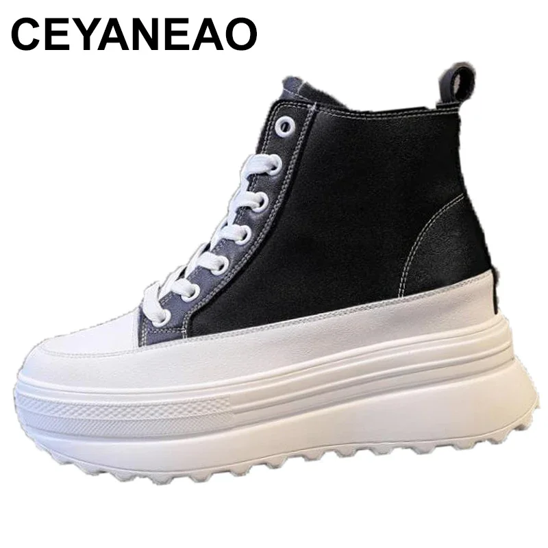 

Women Genuine Leather White Breathable New Shoes 7cm Platform Boots Wedge Hidden Heel Spring Autumn Lace-Up Black Shoes Sneakers