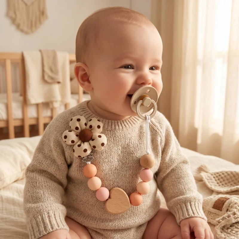 Personalized Pacifier Clip Silicone Bead Custom Name Wood Heart Flower Baby Teether Holder BPA Free Dummy Chain Baby Shower Gift image 3
