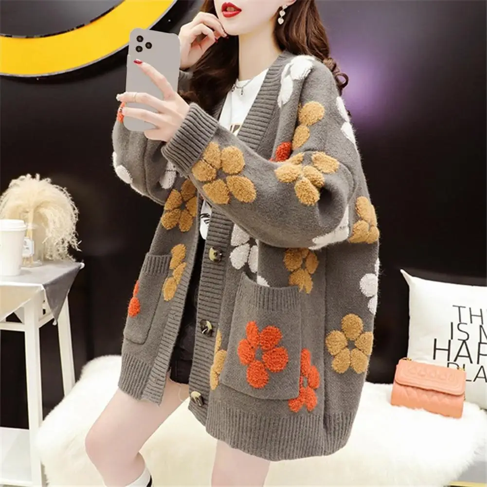 Women Sweater Coat Stylish Women's V-neck Jacquard Sweater Coat with Floral Embellishments Long Sleeves Ribbed Trim for Autumn