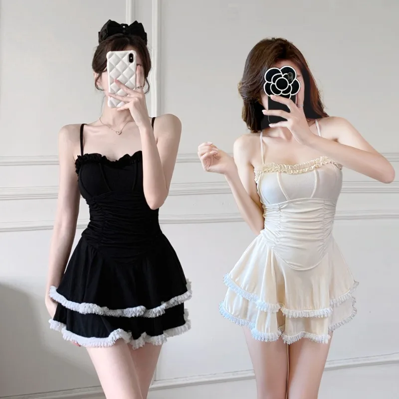 Puffy Skirt Swimsuit for Women in Hot Springs To Cover Belly and Show Whitening Girl's One-piece Vacation Swimsuit 2024 New