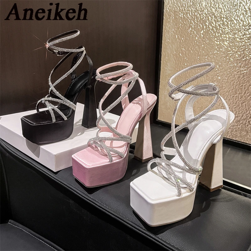 Aneikeh Water Diamond Hollow Open Toe Fashion Sexy Super High Heel Sandals Night Club Steel Pipe Dance Shoes Gladiator Sandals