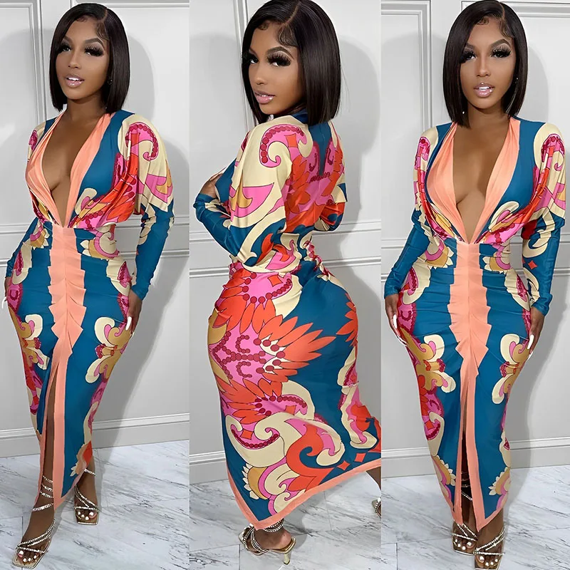 Vintage Printed Ruched Bodycon Maxi Dress for Women Long Sleeve Deep V-neck Party Long Dresses Elegant Nightclub Birthday Dress