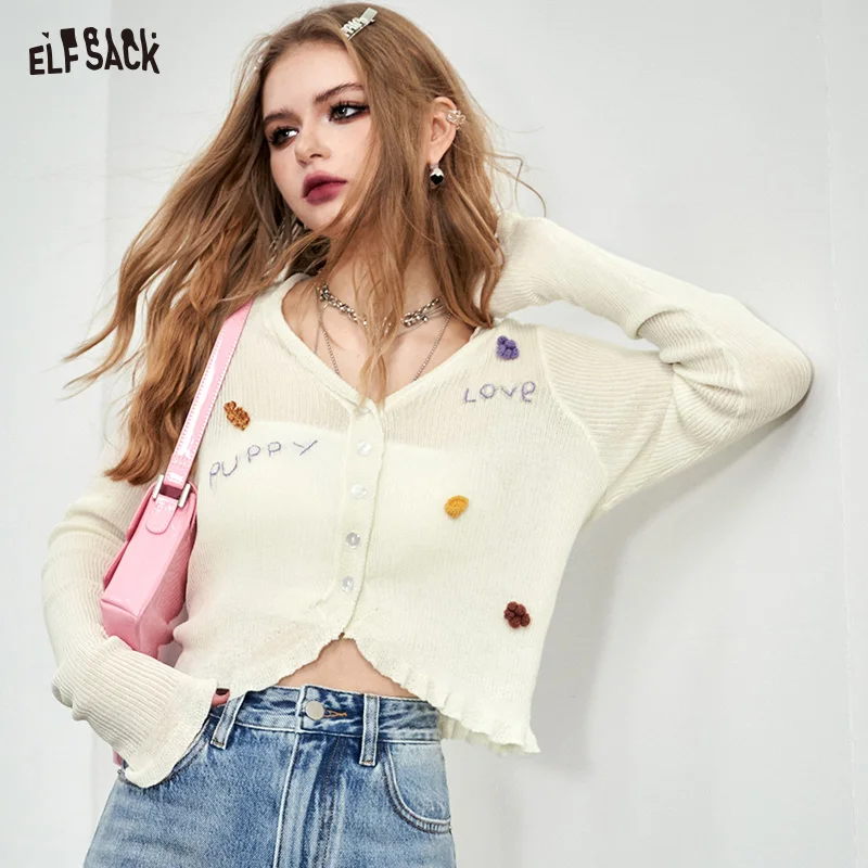 ELFSACK Pure desire slim fit knitted sweater for women in spring 2024, new gentle temperament and slimming cardigan top