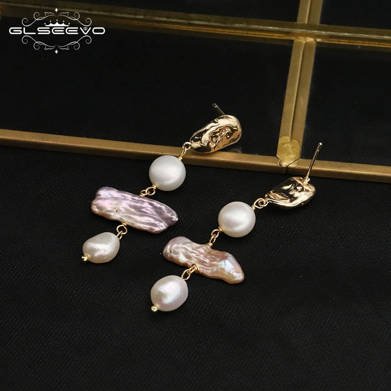 GLSEEVO Original Jewelry Earring Vintage Baroque Pearl Pendant Earrings Purple Real Pearl Earring for Prom Women Party Jewelry