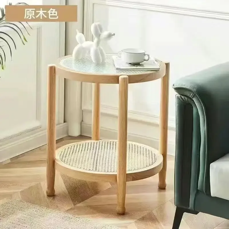 

Nordic Living Room Tables Small Apartment Nordic Solid Wood Rattan Weaving 2-layer Round Simple Tempered Glass Coffee Table