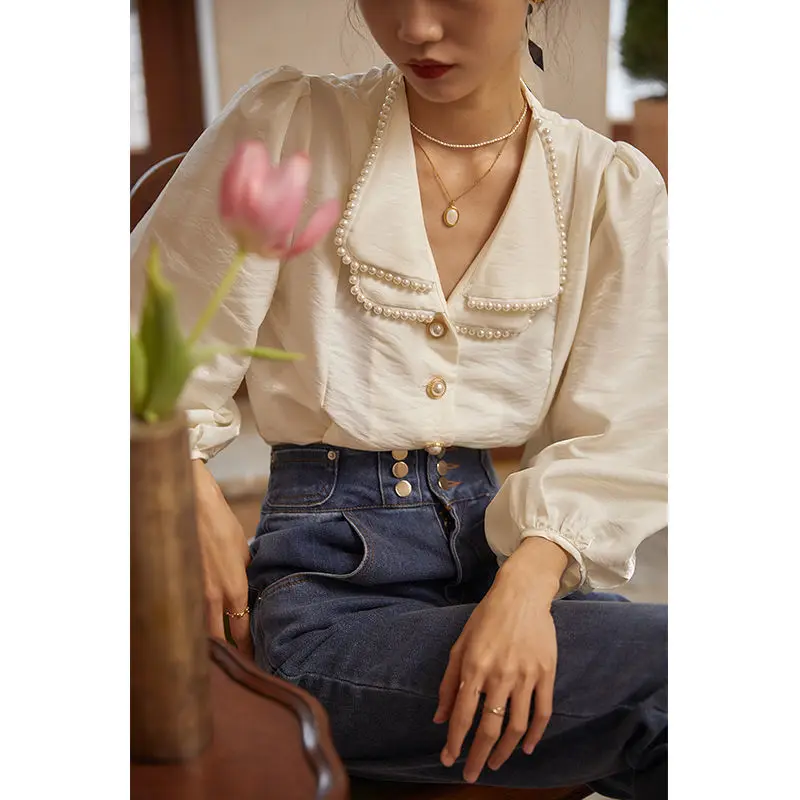 Woherb Vintage Pearl Beading Shirts Women Patchwork Peter Pan Collar Loose Puff Long Sleeve Korean Tops Sweet Elegant Blusas