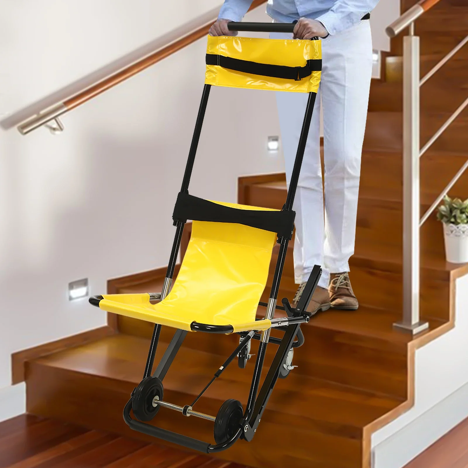 Portable Folding Manual Lift Stair Chair Withstands 350lbs with Safety Belts and 4 Wheels for Daily Transfer