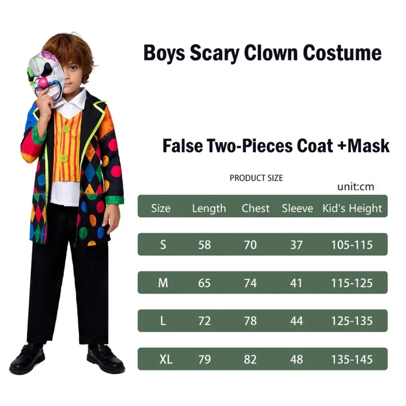 Costume da pagliaccio bambino spaventoso Halloween Kids Evil Clown Cosplay Outfit Horror Theme Party Fancy Dress Up Costume Mask