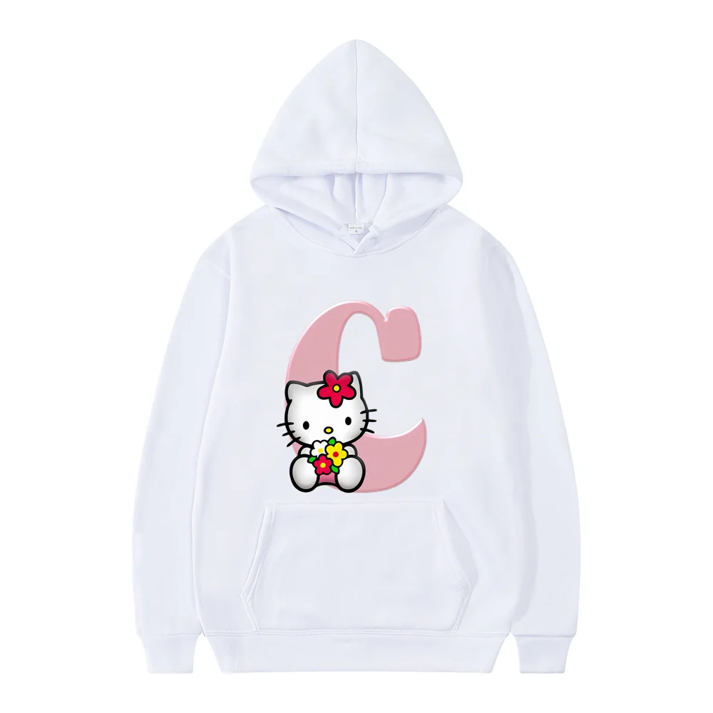 Hoodie musim gugur Hello Kitty 2024 kaus A B C D huruf putih baju Sweatshirt anak perempuan Pullover Anime kartun atasan kasual wanita