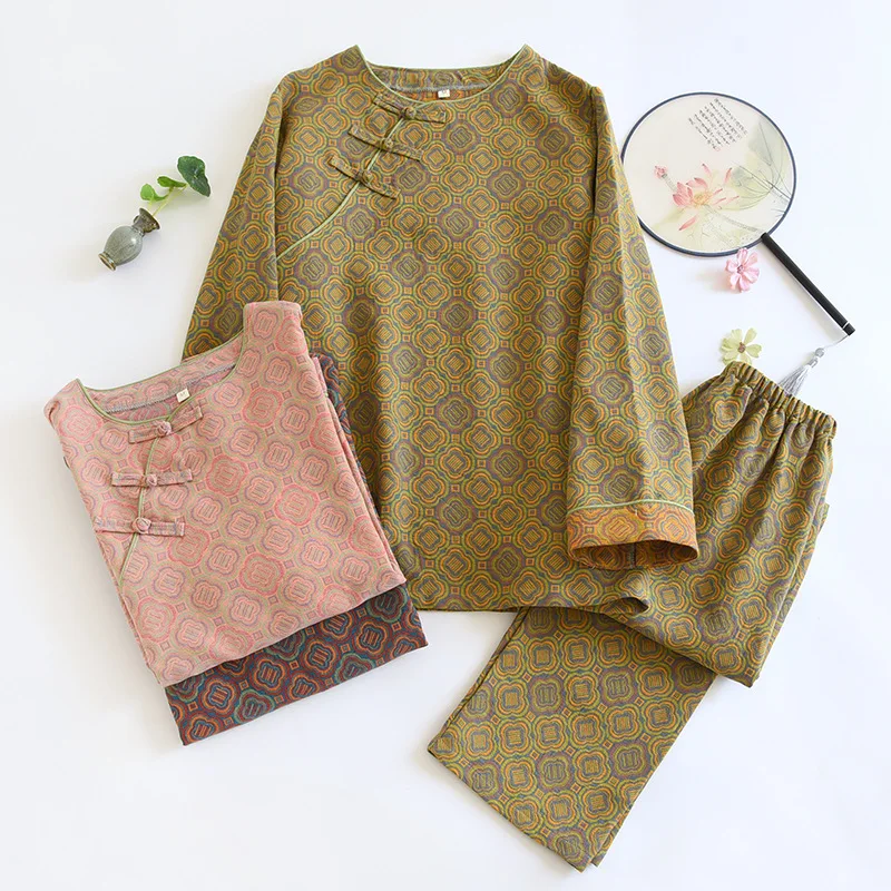 

Wholesale & Retail Cotton Pajamas Women's Thin Pullover Long-sleeved Trousers Double-layer Gauze All-cotton Loungewear Set
