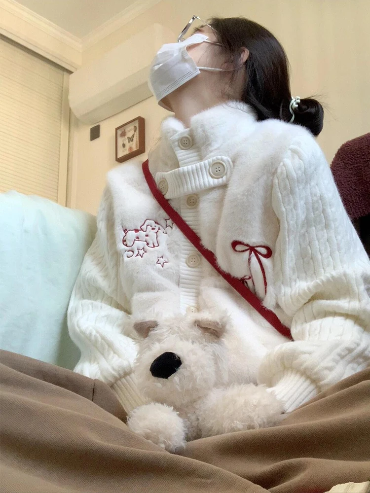 

Short Plush Knitted Cotton Jacket Women's Autumn Winter Thickened Faux Rabbit Fur Vest Warm Stand Collar Long Sleeve Top