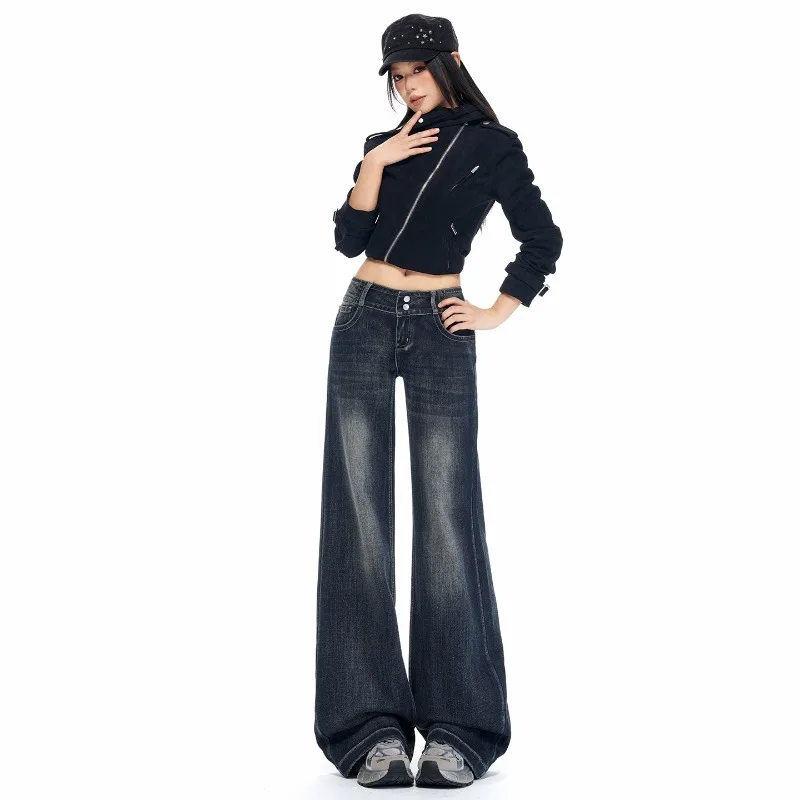 OIQERE Womens 2026 Autumn American Low Rise Double Button Flared Jeans Stretch Hip Covering Slim Floor Length Denim Pants