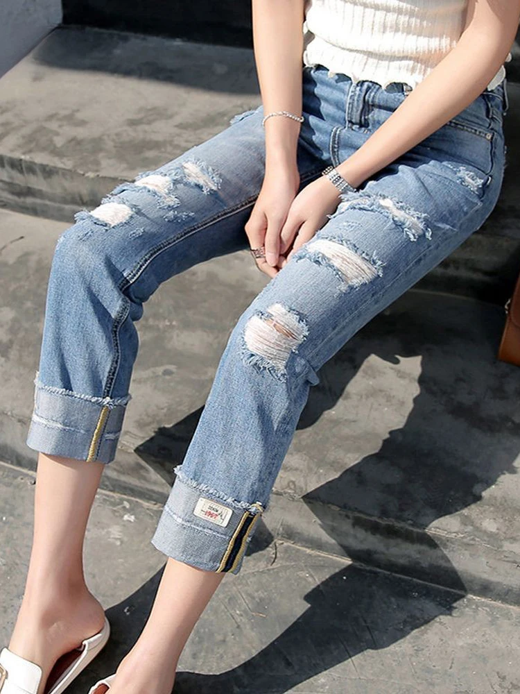 Cargo Jeans Woman Denim Ripped Pants Femme Loose Trousers Korea Wide Leg Straight Hole Broken Jeans Boyfriend Streetwear 2023