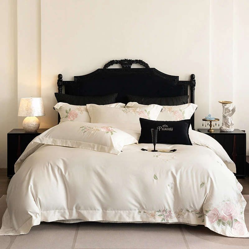 

100% Long-Staple Cotton Chic Flowers Embroidery Bedding Set Double Queen King 4Pcs Soft Duvet Cover Bed/Fitted Sheet Pillowcases