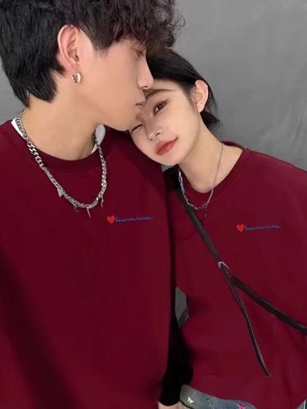 

Large Size Wine Red Couple Hoodies Retro Faion round Ne Overhead ex Cotton Long Sve Sweatirts for Men And Women