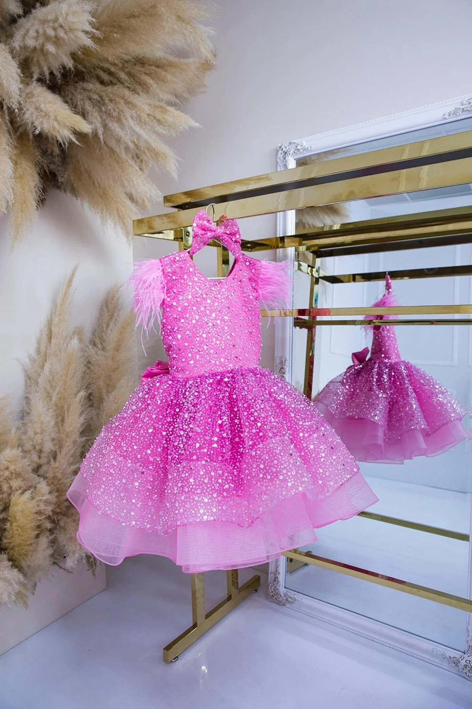 Custom Luxury Dress Wedding Guest Gown Flower Girl Gown Birthday Party Gown Pageant Show Feather Bow Glitter Sequin Tulle Short