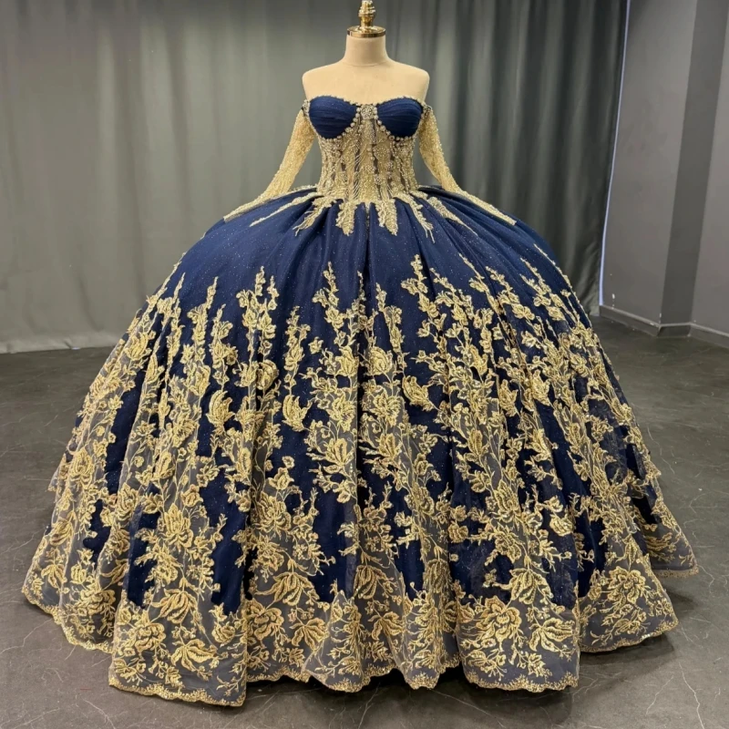 

Royal Blue Shiny Quinceanera Dresses Ball Gown Off The Shoulder Gold Applique Lace Beading Tull Long Sleeves Party Birthday