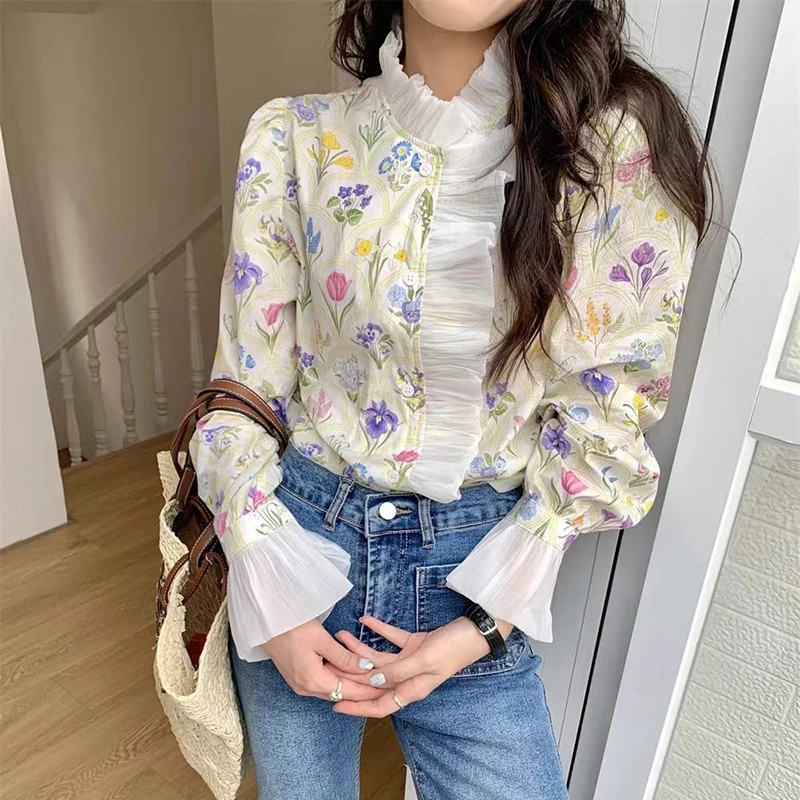 

Vintage Office Lady Sweet Flowers Shirt Spring Autumn Long Sleeve Casual Female Clothing Korean Fashion Blouses