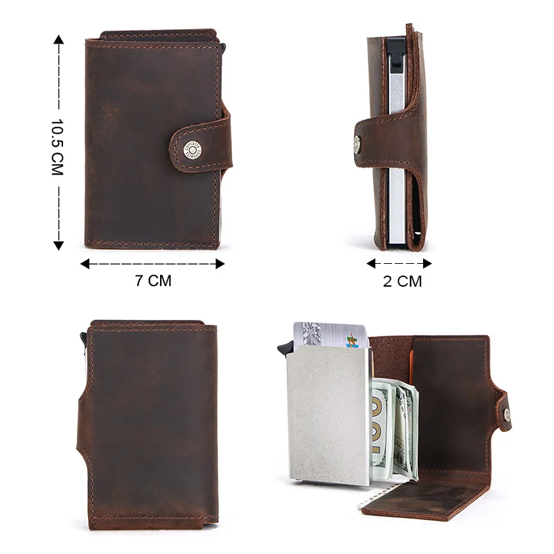 

RFID Blocking Crazy Horse Leather Men Wallet Credit Card Holder Aluminium Box for Women Automatic Pop Up Case