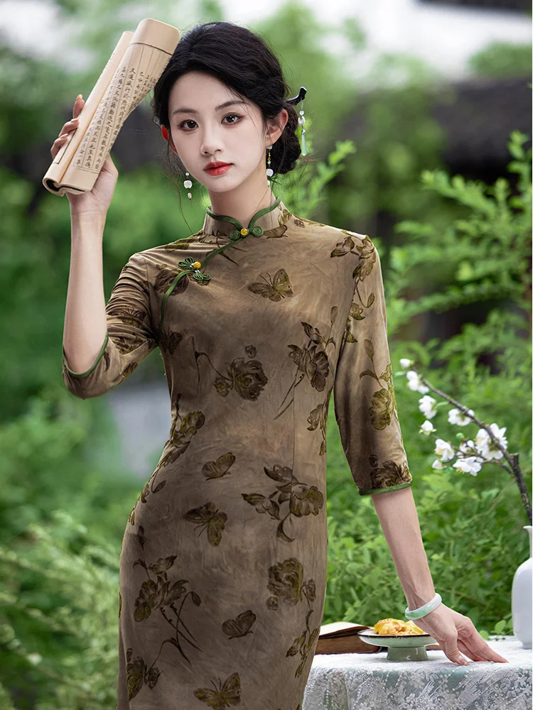 

Cé Brown Qipao Dr Ele Long-Sve Young Sle for Middle-Aged And ly Women Daily Wear Polyester Fiber