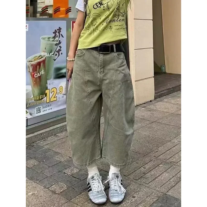 

Women Streetwear Embroidery Letter Vintage Denim Shorts Jeans Female Summer High Waist Fit Straight-Leg Slim Denim Pants
