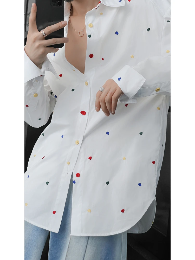 Men's 2025 Spring Summer New Embroidered Love Heart Tops Male Chic Long-sleeve Shirts Men's Loose Fashion Versatile Trendy Shirt
