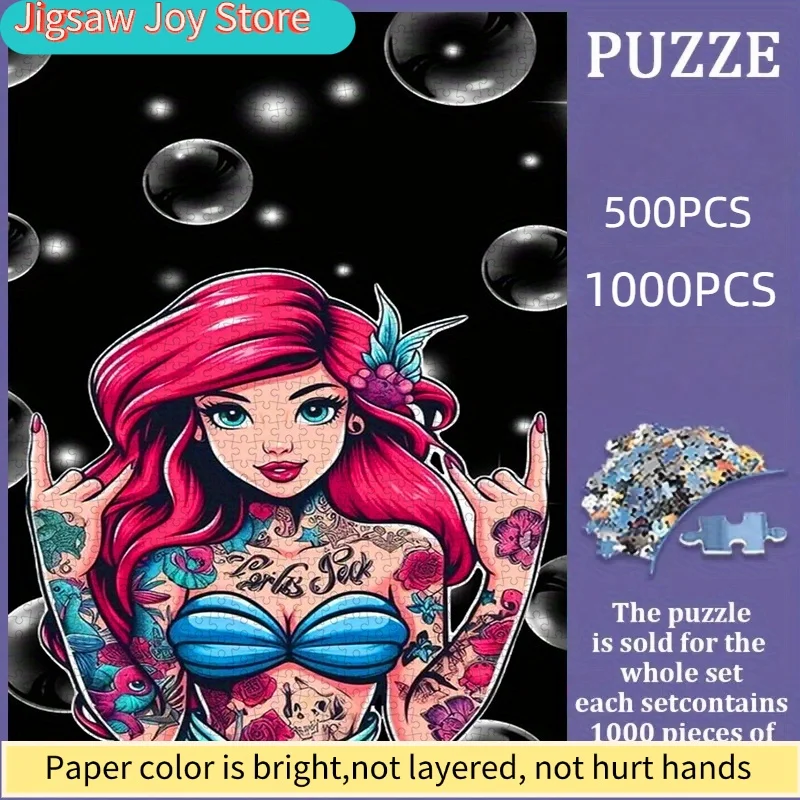 Puzzle Disney 500 pezzi, Puzzle fai da te in carta, Serie Dark Tattoo Sirena, Materiale in cartoncino bianco rinforzato, Adatto per puzzle, per coppie