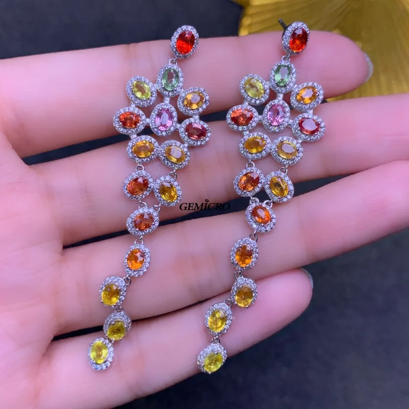 Luxury Genuine Natural Colorful Sapphire Drop Earring for Women Engagement Wedding Gift with 925 Sterling Silver 32pcs 3x4mm Gem