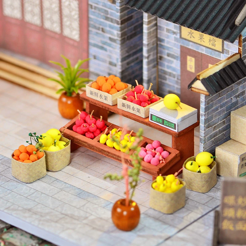 DIY Wooden Doll Houses Fruit Store Casa Mniature Building Kits with Furniture Led Trading Dollhouse for Adults Gifts