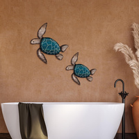 2Pieces/Set Wooden Turtle Wall Hanging Painting Farmhouse Turtle Hanging Decoration Beach Theme Decoration Vintage Turtle Coasta