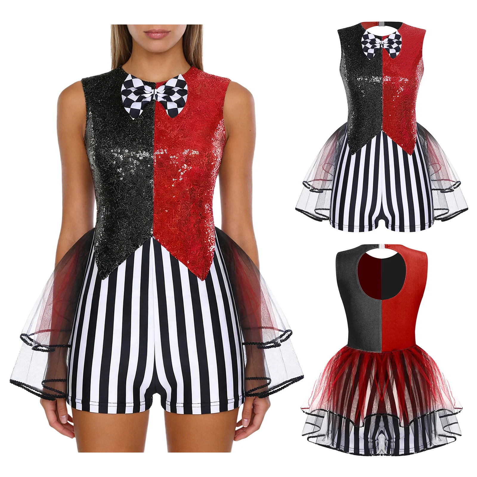 

Mad Clown Costume Women Jumpsuit Halloween Cosplay Jazz Ballet Dance Dress Color Block Sequin Tiered Tulle Bodysuits with Bowtie