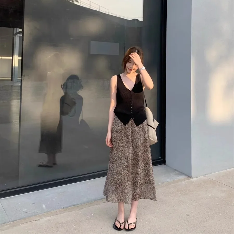 Conjunto de falda y Top con estampado de leopardo y efecto adelgazante, traje de trabajo largo informal fino para primavera y verano, Faion coreano Sle