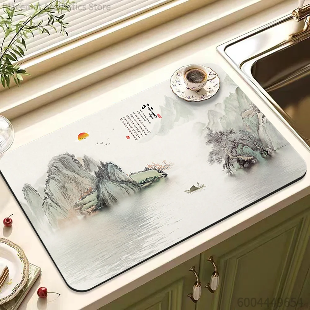 Retro Ethnic Tile Oriental Ink Art Print Super Absorbent Drying Mat Waterproof Kitchen Counter Drain Pad Decor Placemat