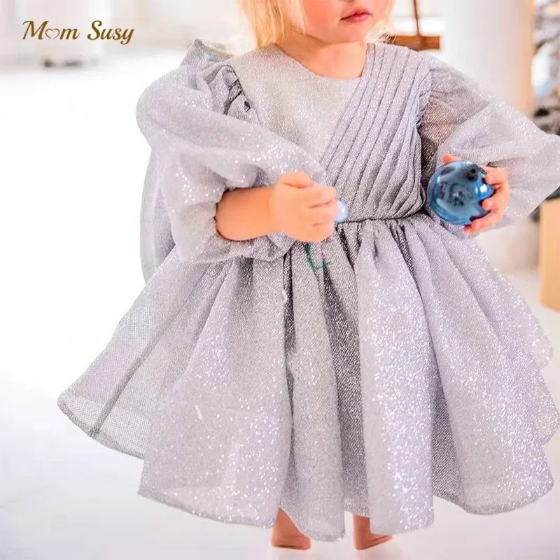 Baby Girl Princess Silver Bling Dress Long Sleeve Infant Toddler Teen Vintage Bow Vestido Party Birthday Xmas Baby Clothes 1-14Y