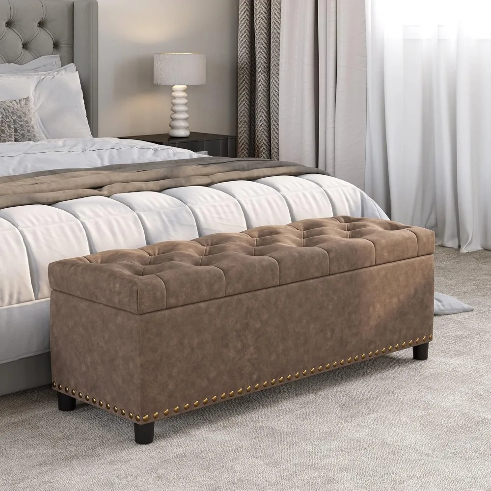 

47 Inch Storage Ottoman, Tufted Ottoman Faux Leather Storage Bench with Safety Close Hinge, Ottoman with Storage for Living Room