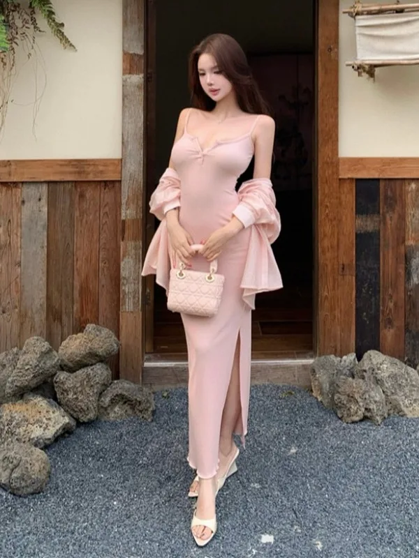 

Spicy Girl Style Strapless Long Dress Thin Sun Protection Shirt Two-Piece Set Women's Summer Fashion Slimming Waist Design