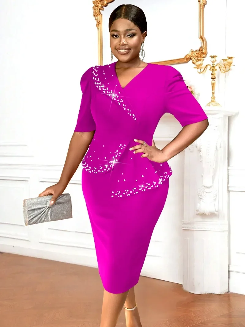 

L-4XL Dashiki African Party Evening Dresses for Women Autumn African Plus Size Short Sleeve V-neck Midi Dress Africa Clothing