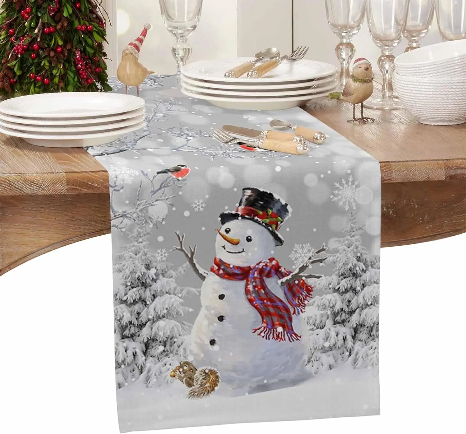 Winter Snow Scene Christmas Snowman Linen Table Runner Dresser Scarves Xmas Tree Pine Kitchen Table Runner Christmas Decorations
