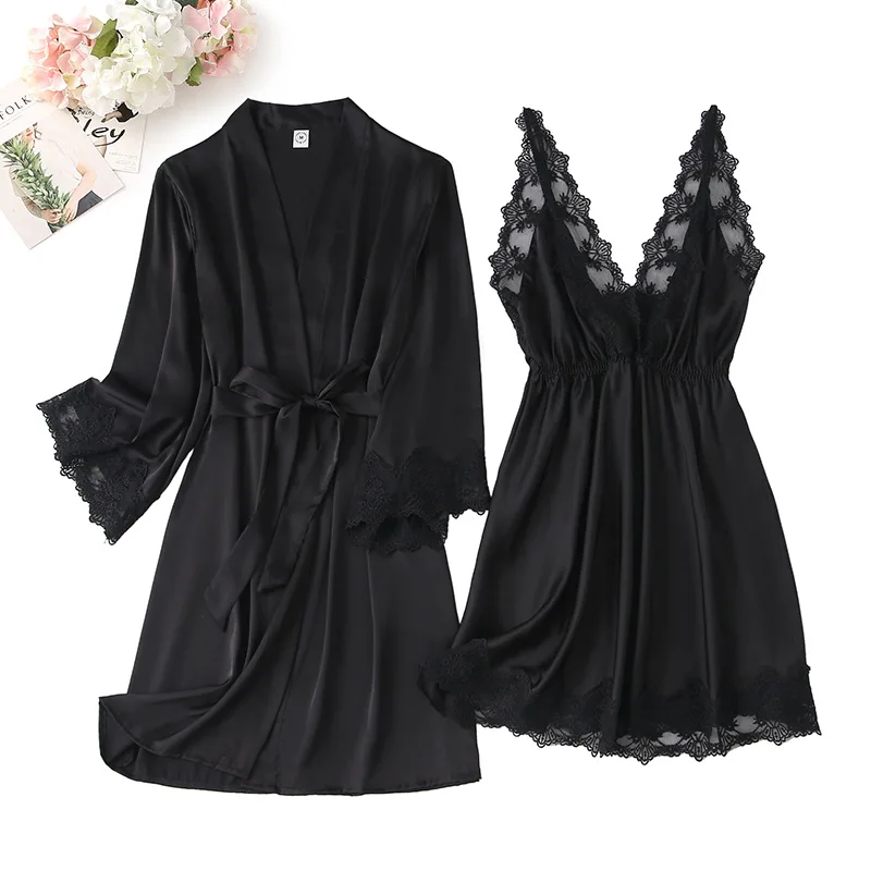 Lace Nightdress Women Robe Bride Bridesmaid Bathrobes Satin Pajamas Set Strap Dress 2 Piece Loose Kimono Sexy Sleepwear Homewear