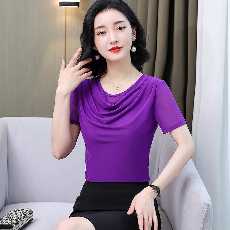 

Temperament Net Yarn Slim Tops Tees Summer New Short Sleeve Pleated Solid Color Office T Shirts Fashion Elegant Women Clothing