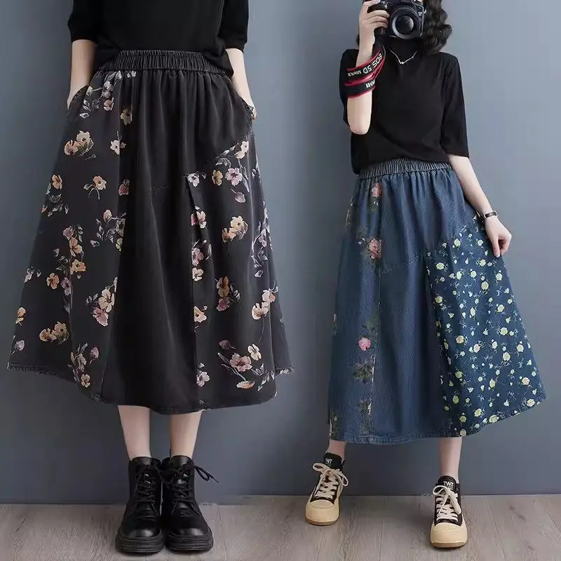 

2024 Spring/Summer Retro Printed Denim Skirt Women Versatile Elastic Waist Color Blocking Loose Printed Saia Jeans Skirt Z4749