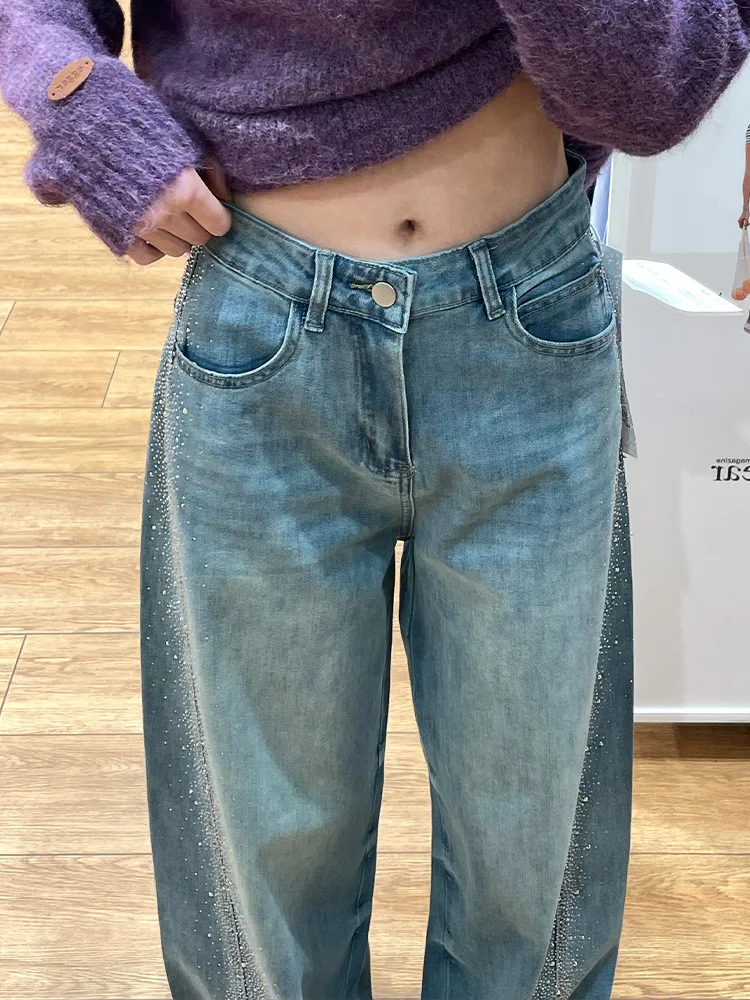 Retro American Design Side Diamond Women's Jeans Loose Straight Leg Floor-Length Fashionable Trousers for Autumn