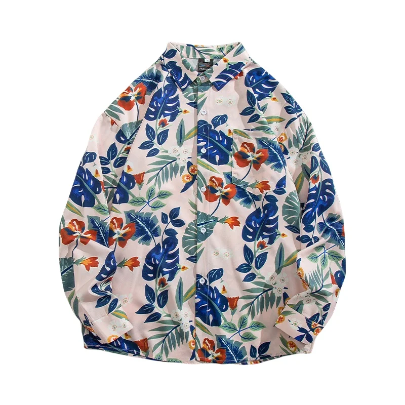 Spring Autumn Men's Retro Hawaiian Oil Painting Floral Shirt Loose Handsome Long Sleeve Sun Protection Flower Shirt Coat