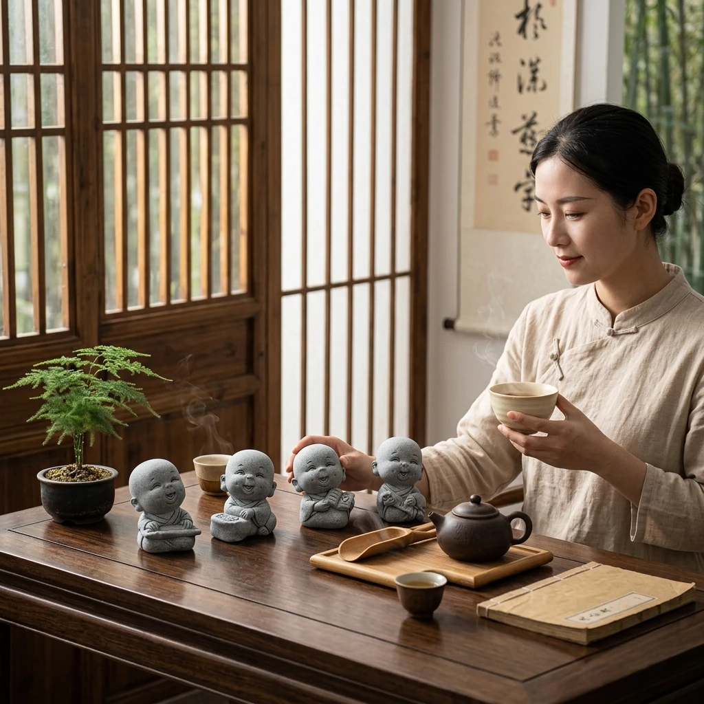 Decorative Figurine Set Hand-Polished for Study Office Tea Room Green Sandstone Chinese Scholar Statues Tabletop Decor