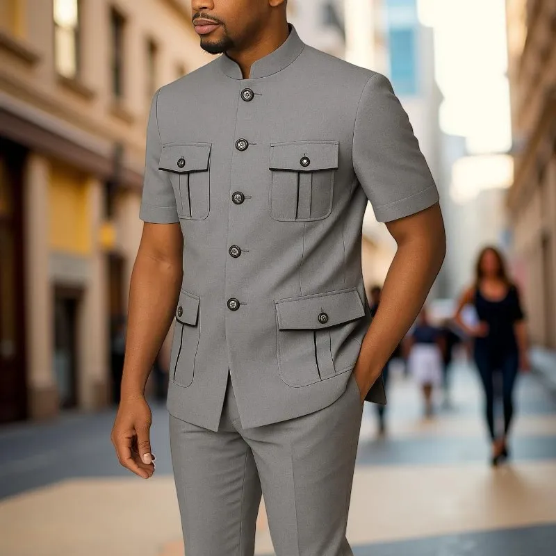 Safari Men Suits with Short Sleeves for Prom Party 2 Pieces Chinese Fashion Style Outdoors Costumes Suit Set Custom Made