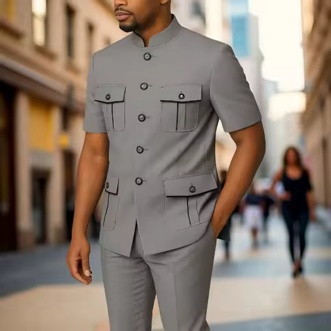 Safari Men Suits with Short Sleeves for Prom Party 2 Pieces Chinese Fashion Style Outdoors Costumes Suit Set Custom Made